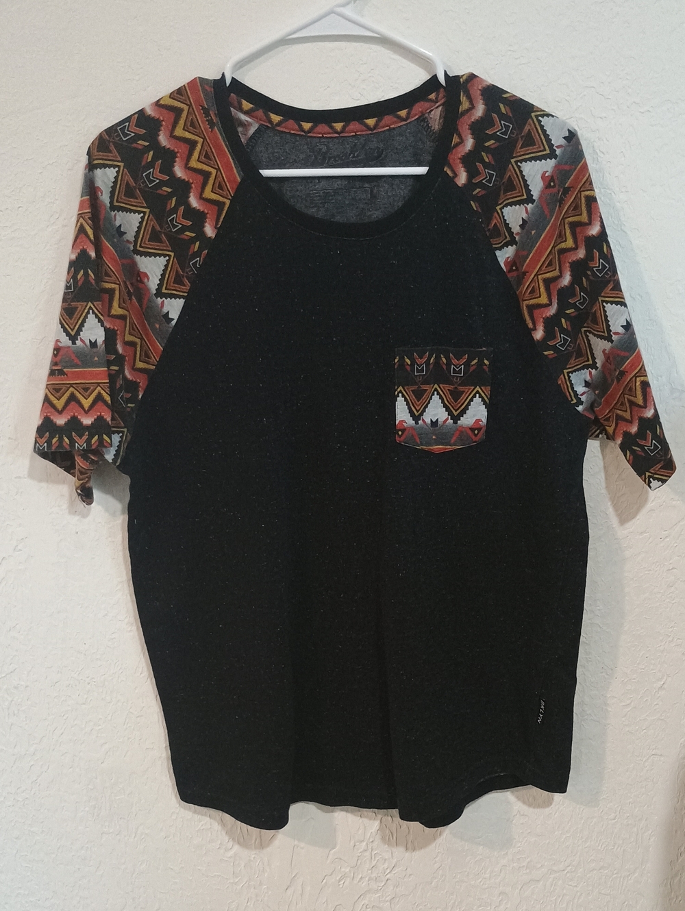 Brooklyn Cloth Black Tee with Multicolor Aztec Sleeve and Pocket